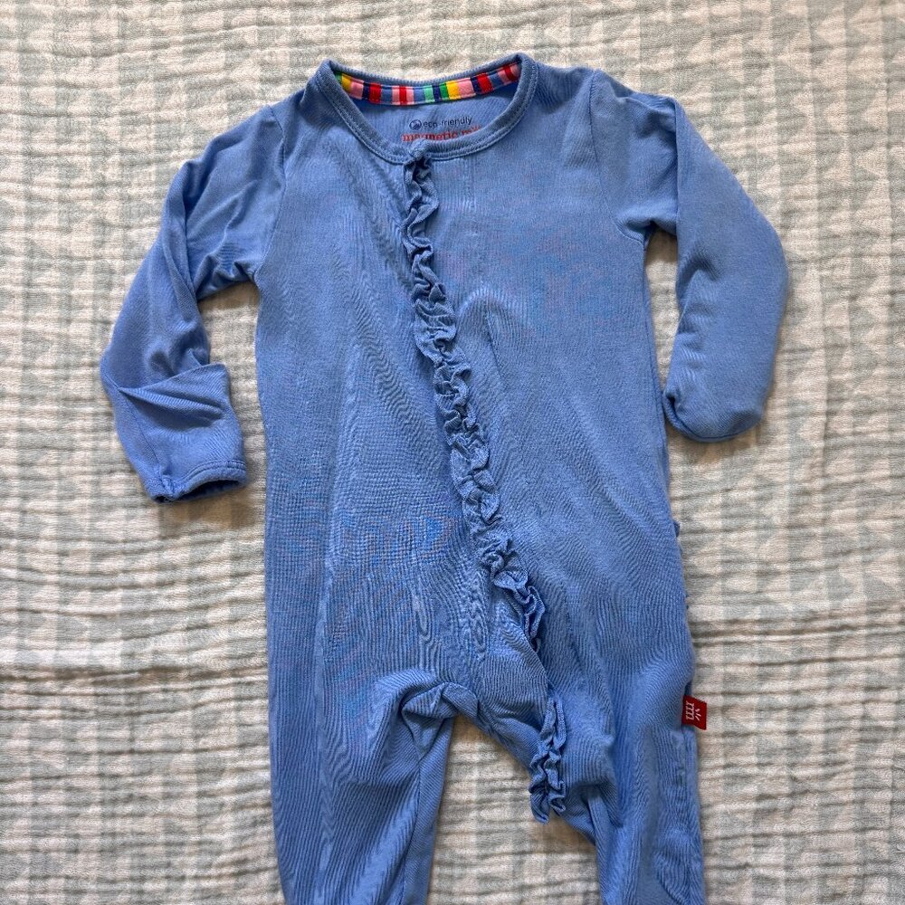 Magnetic Me Blue Footies One Piece with Ruffled Detail